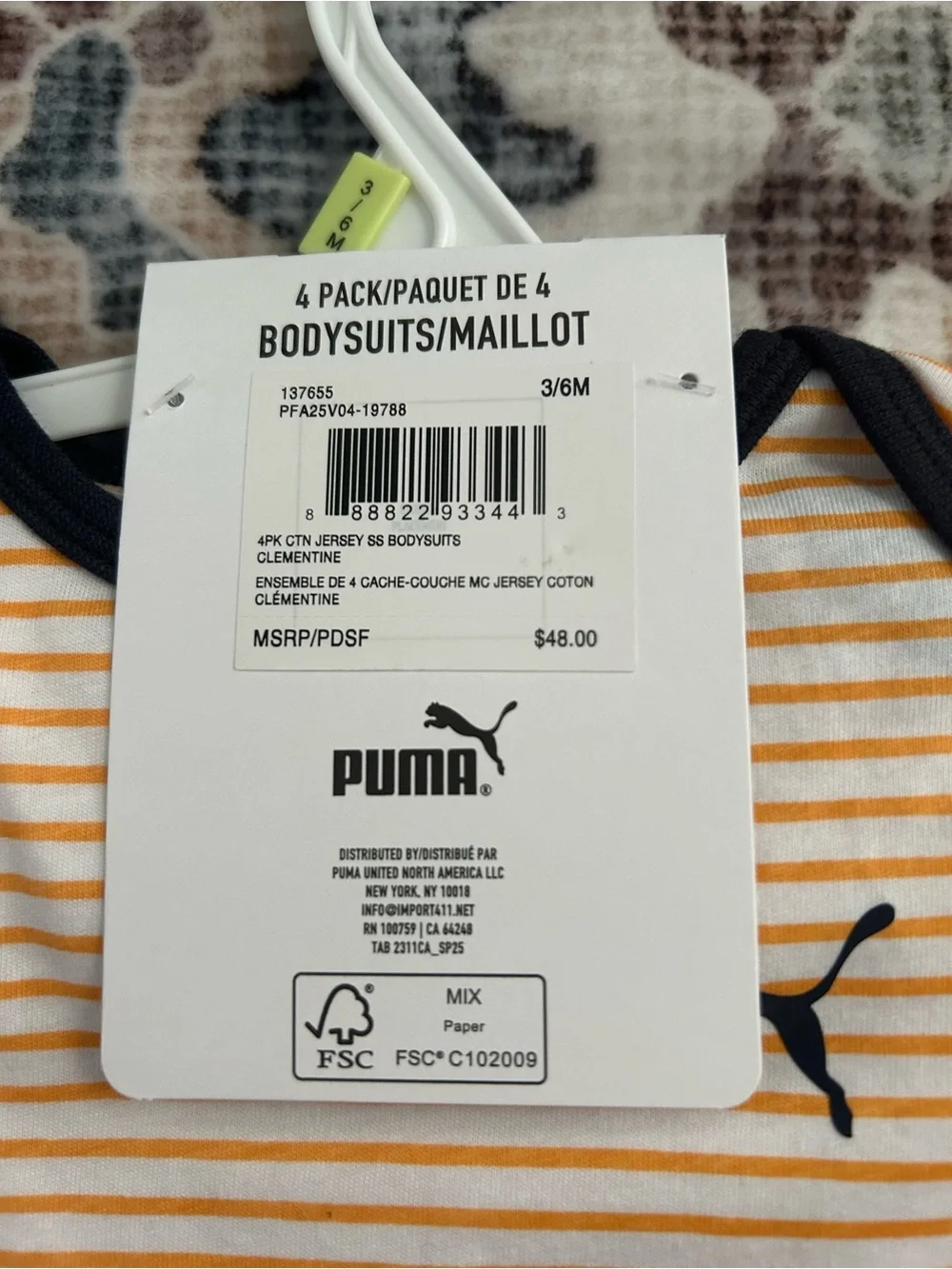 ✅ Puma Baby 4-Pack Bodysuits 3-6M NWT Orange Mint Stripe All-Over Print Logo - Picture 7 of 9